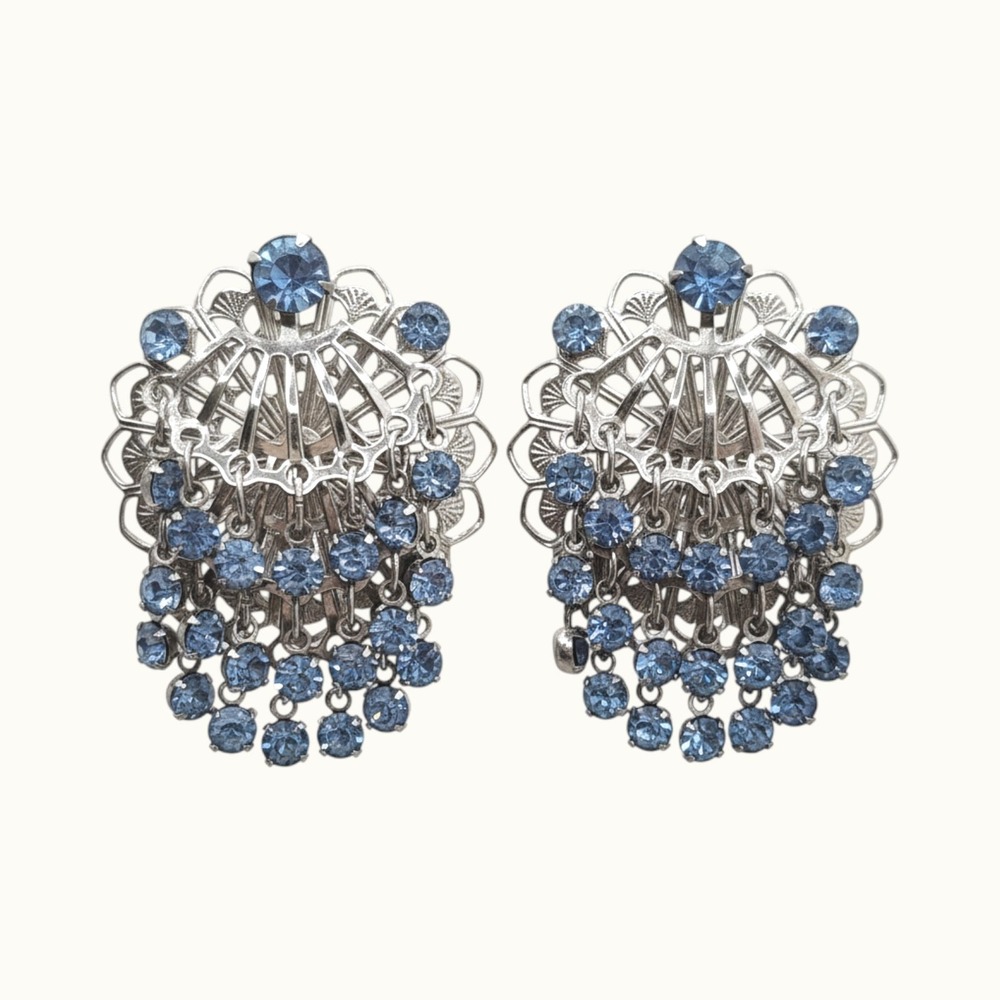 Vintage Sky Blue Rhinestone Silver Filigree Waterfall Clip On Earrings RetroGlam